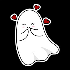 Cute white ghost with red hearts sticker. Halloween celebration elements for decor. Vector holiday clip art for print. Cute sticker isolated on black background.