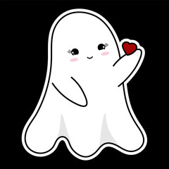 Cute white ghost with red heart sticker. Halloween celebration elements for decor. Vector holiday clip art for print. Cute sticker isolated on black background.