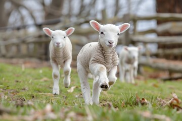 Fototapeta premium lambs playing in a pasture