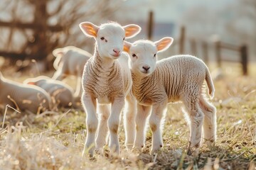 Fototapeta premium lambs playing in a pasture