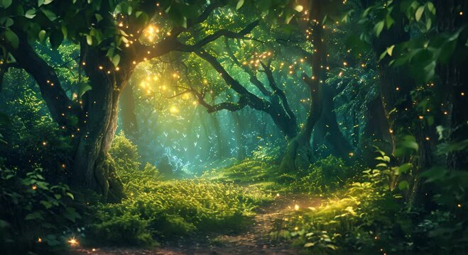 A forest with trees that are lit up with fireflies
