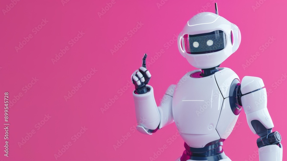 Poster cute robot pointing upwards against a vibrant pink background. concept of robotic guidance and direc