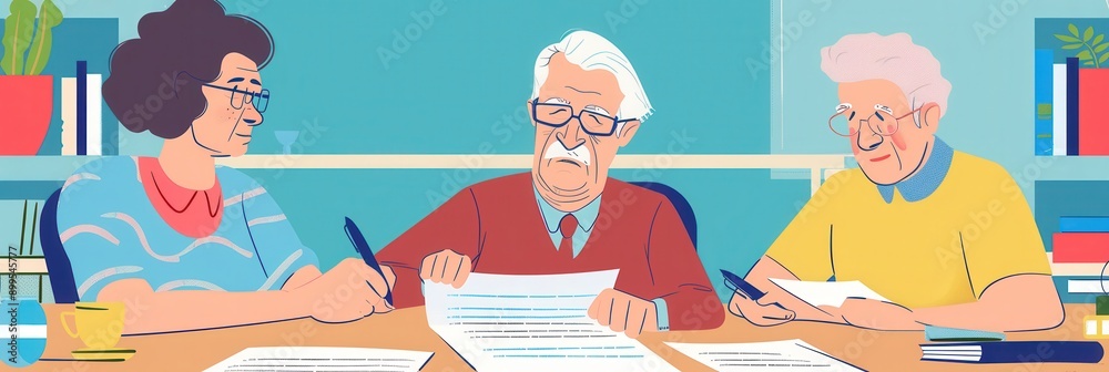 Poster three elderly individuals are attentively reviewing documents together at a community center, sharin