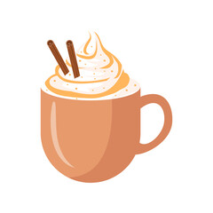 Pumpkin spice latte, autumn coffee in a mug.Hot delicious autumn seasonal drink. Flat vector isolated on white background.