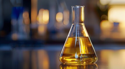 Golden Oil Extract Shimmering in Glass Beaker for Scientific Research and Experiment