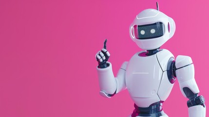 Cute robot pointing upwards against a vibrant pink background. Concept of robotic guidance and direction.