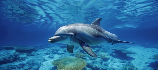 Dolphin sea underwater. Wildlife sea animal. Generative AI technology.	
