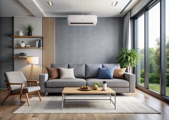 Fototapeta premium Modern living room interior with sleek air conditioning unit on wall, cozy sofa, and large advertisement banner on window behind stylish coffee table decor.