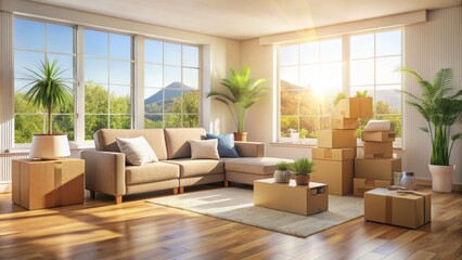 Fototapeta premium A warm and inviting living room with boxes and furniture scattered about, surrounded by natural light, capturing the essence of a new beginning.
