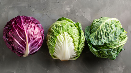 Obraz premium Three different colored heads of cabbage are displayed on a grey surface