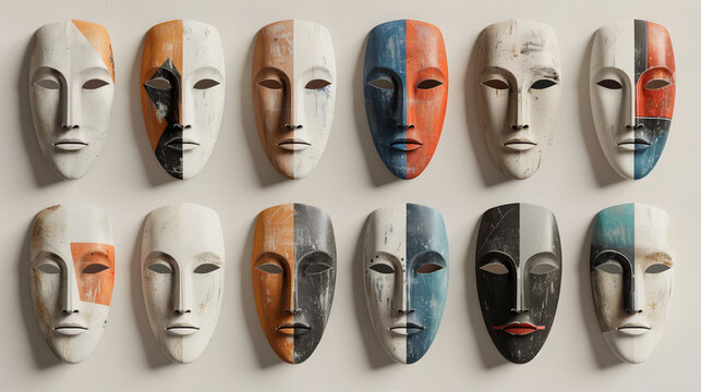 Collection of abstract, modern art masks displayed on a clean, neutral background. The masks be rectangular and feature minimalist, geometric designs with varied expressions. Range of colors