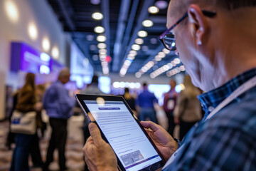 Survey questionnaire being filled out on a tablet at a trade show booth. Dynamic event lighting. Convention center background. 