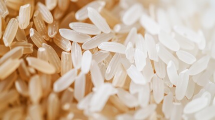 Close-up photo of white and brown rice creating a textured food backdrop