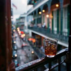 A Glass of Whiskey on a Balcony Overlooking a City Street.