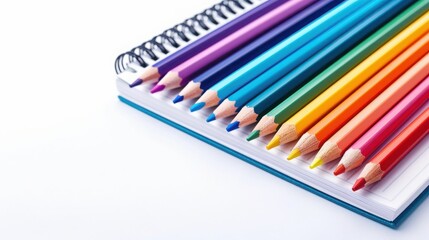 Vibrant colored pencils neatly arranged beside a blank spiral notebook, perfect for creative projects and artistic inspiration.