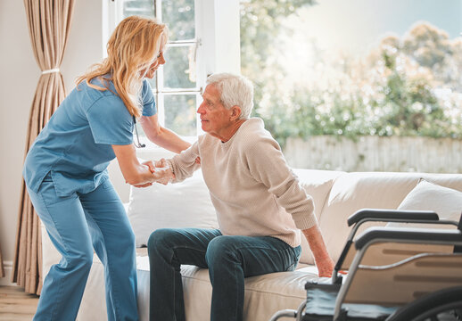 Assisted living, help or support with nurse and old man in retirement home for medical checkup. Elderly care, healthcare or visit with medicine professional woman and senior patient in apartment