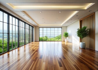 Simplified empty room with serene ambiance, abundant natural light pouring in through large windows, accentuating sleek wooden floor and minimalist decorative elements.