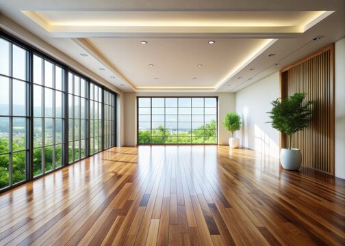 Simplified empty room with serene ambiance, abundant natural light pouring in through large windows, accentuating sleek wooden floor and minimalist decorative elements.