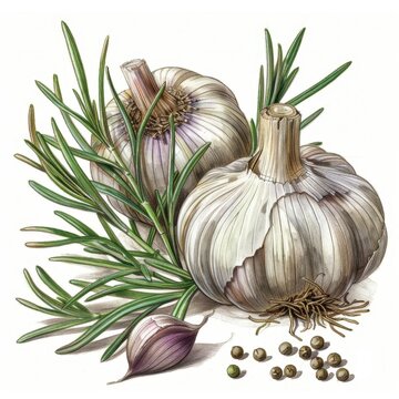 A beautiful watercolor painting of a garlic bulb and a sprig of rosemary