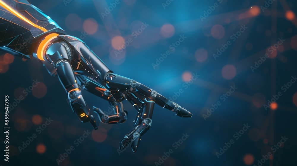 Poster close-up of a robotic hand with neon highlights against a blue backdrop. the image represents advanc