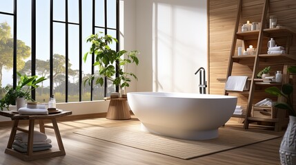 Fototapeta premium A serene bathroom with plants, bathed in natural light from large windows. 
