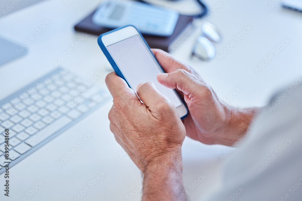 Aufkleber office, phone and hands of mature businessman for communication, contact and b2b networking. mockup 