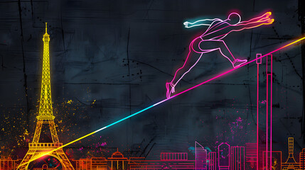 Neon High Jump Bar: Bright neon lines forming a high jumper clearing the bar with the Eiffel Tower in the background on a dark grey background.


