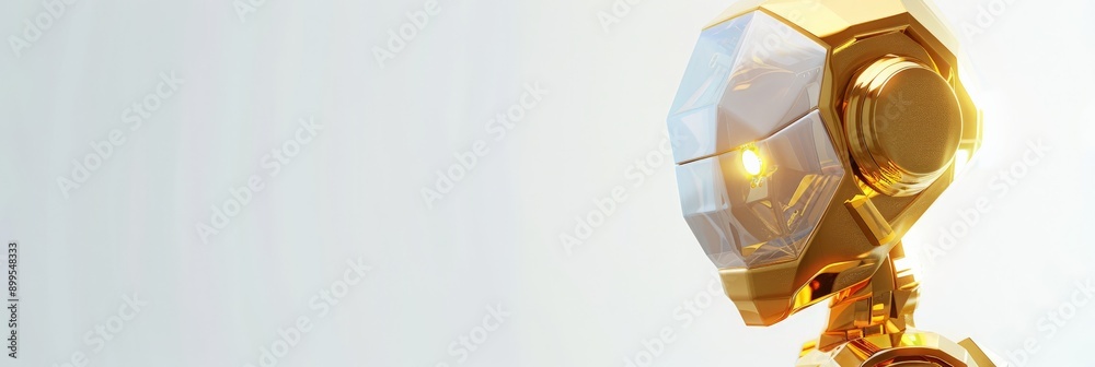Fototapete Close-up of a futuristic golden robot head with geometric shapes and a glowing eye. Advanced robotics and artificial intelligence concept.