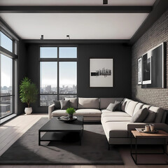 Modern interior of a living room. Penthouse Loft with dark stone walls (3d Rendering)