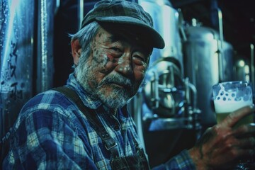 Fototapeta premium Elderly man with a beard enjoying a drink in an industrial brewery setting, wearing a plaid shirt and cap, smiling contentedly.