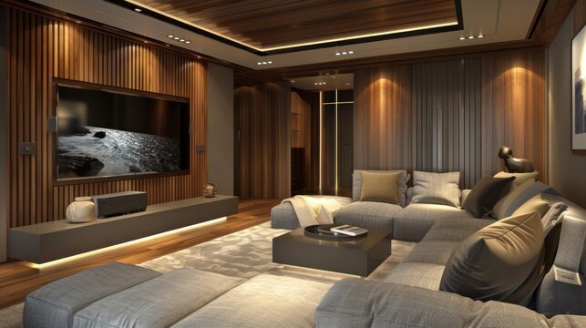 Modern television room with wood panel walls