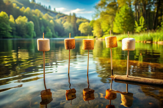 Golden brown marshmallow skewers float on a serene lake surface, delicately toasted to perfection, surrounded by lush greenery and warm summer light.