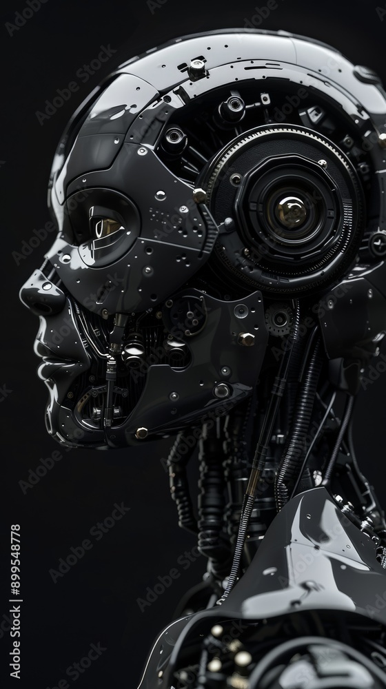 Poster profile view of a futuristic humanoid robot with glossy black exterior and intricate details. symbol