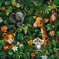 Naklejka premium A seamless pattern with cute cartoon animals in a lush jungle