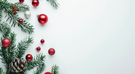 Christmas red decorations and green pine branches on white background with copy space for text, festive greeting design.