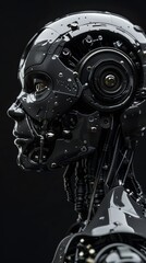 Fototapeta premium Profile view of a futuristic humanoid robot with glossy black exterior and intricate details. Symbolizes cutting-edge AI and advanced technology.