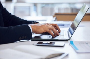 Typing, laptop and hands of business person for online project, proposal and research. Corporate...