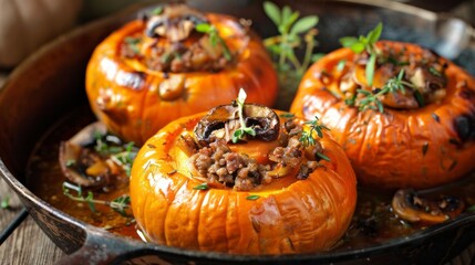 Three orange pumpkin pies with mushrooms and meat inside