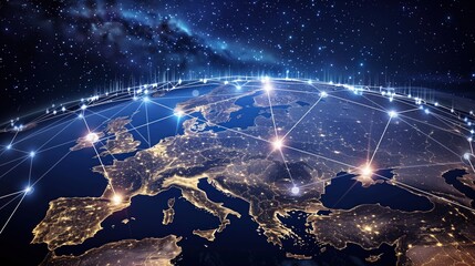 Fototapeta premium Satellite view of Europe at night with glowing city lights and network connections. Concept of global communication and digital connectivity.