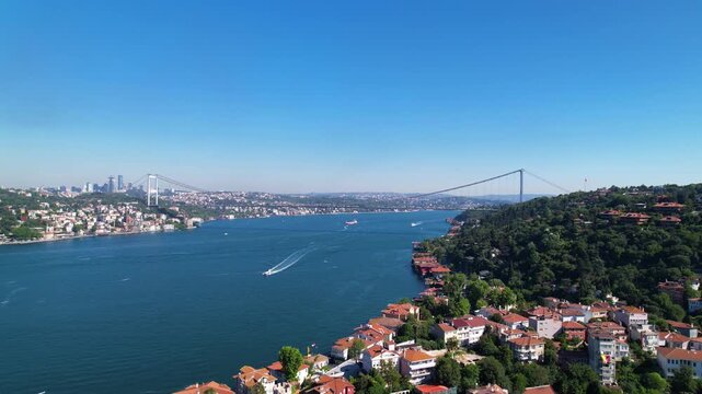 Fatih Sultan Mehmet Bridge and Anadolu Hisari (Anatolian Fortress) in Istanbul, Turkey. Beautiful Istanbul bosphorus landscape. Drone shot.