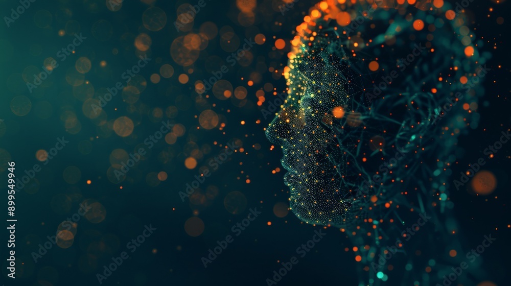 Poster Abstract representation of a human profile with glowing lines and nodes. Concept of AI and human-AI interaction.