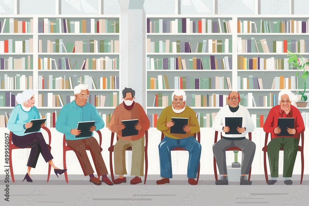 Poster a group of elderly individuals reads quietly while seated in a cozy library surrounded by bookshelve