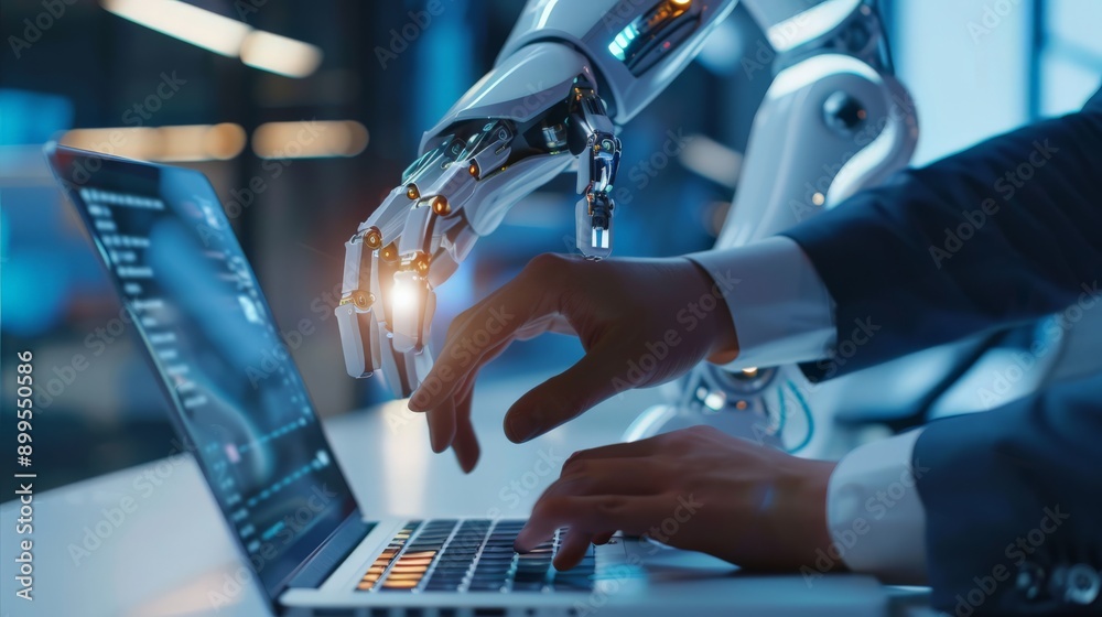 Poster human and robotic hand working together on a laptop. collaboration between ai and humans.