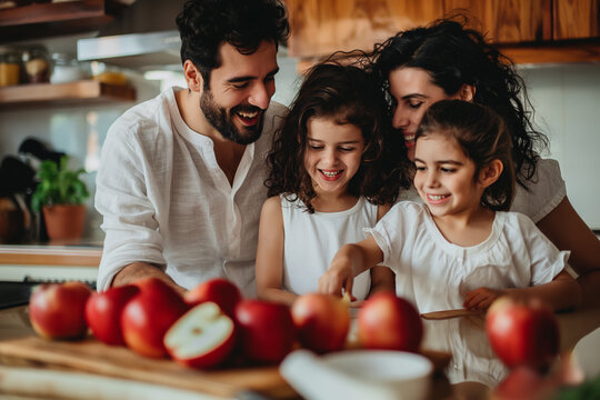 Jewish family celebrating Rosh Hashanah. Parents and two girls at a table with honey and apples, representing the Jewish New Year traditions
