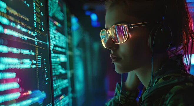 A woman wearing glasses is looking at a computer screen with a lot of numbers