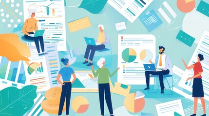 A group of elderly individuals collaborates using digital devices, discussing various charts and graphs in a vibrant and engaging setting. Generative AI