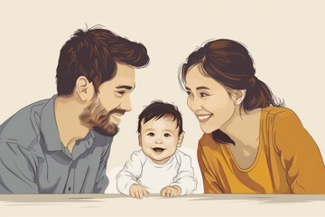 Fototapeta premium Heartwarming family illustration of parents and baby in a cozy natural setting capturing love happiness and togetherness