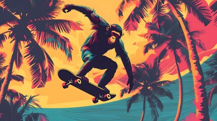 Monkey with a skateboard on a background of palm trees, vector illustration, print for clothes, t-shirts. Skateboarding illustration. 