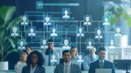 An office scene with diverse professional employees seated at desks, overlaid with a digital network of headshots representing connections and collaborations.