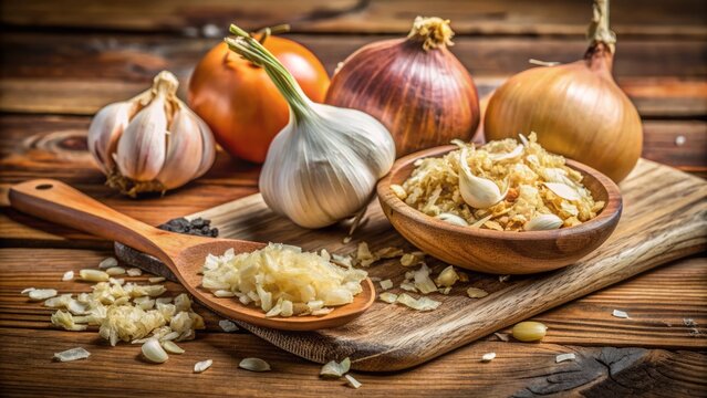 Fresh whole organic onion and garlic bulbs alongside dehydrated onion flakes on a rustic wooden spatula, showcasing natural ingredients for cooking and recipes.